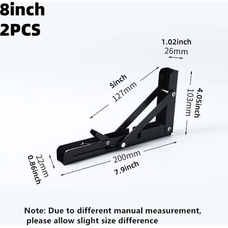 (2 pièces noires de 20 cm) 2 supports d'étagère triangulaires pliables en acier inoxydable robuste, pour table, établi ou fixation murale. (1/5)