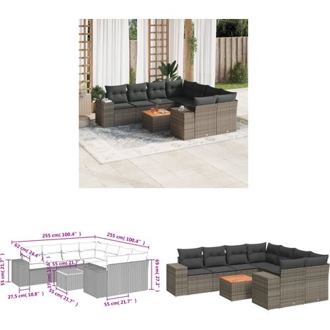 Salon de jardin 9 pcs avec coussins gris résine tressée - Ensemble Salon De Jardin - Mobilier Extérieur - Canapé Jardin - Table Basse Jardin - Chaise Lounge - Home & Living (1/3)