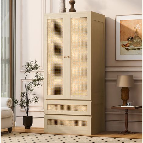 Armario de 2 puertas con 2 cajones y estantes, 70x55x170 cm, acabado madera clara y puertas efecto ratán, para dormitorio y vestidor con gran capacidad de almacenamiento – CHICFURN (1/5)