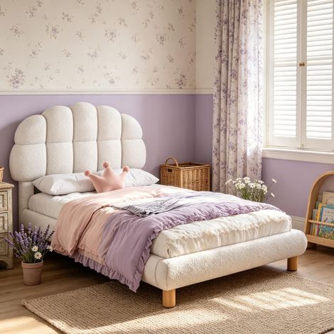 Lit enfant 90×200 – Lit simple – Vliesimitat blanc – tête réglable – Sommier à lattes – Vliesimitat blanc (1/5)