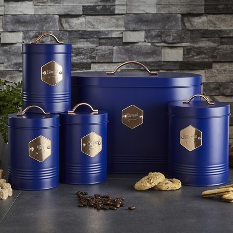 Navy Blue Retro Inspired Sleek Matt & Copper 5 Piece Kitchen Canister Set (1/5)