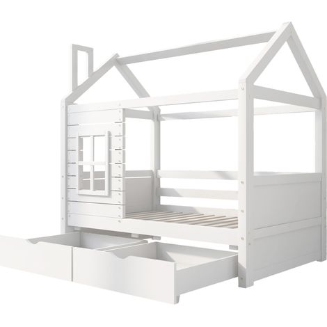 Cama cabaña infantil 80 x 160 cm con barrera, ventanas, somier de láminas, pino blanco (1/5)