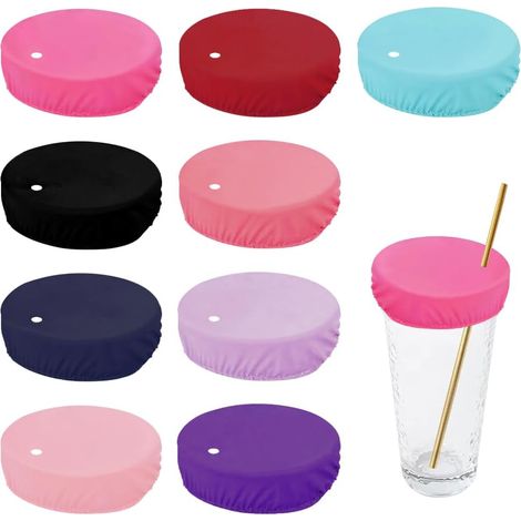 Lot de 9 couvercles de boisson en tissu anti-perforation avec trou pour paille, réutilisables et portables, anti-poussière, pour femmes, bars, clubs, fêtes, voyages en extérieur (9 couleurs) (1/5)