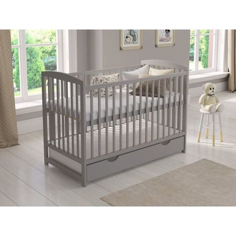 Lit bebe 120x60cm avec tiroir,Lit Bebe evolutif avec Matelas en Mousse,barrière de sécurité en Bois et Gaine protectrice, Gris (1/5)