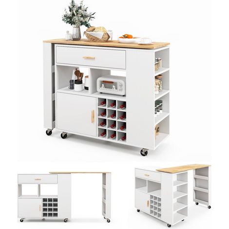 2-in-1 Kitchen Island Bar Table Combo Storage Trolley Rolling Cupboard Wine Rack