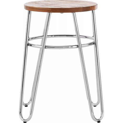 Interiors by Premier Chrome Metal and Elm Wood Round Stool, Small Hairpin Stool, Sturdy Stool for Lounge, Bedroom (1/4)