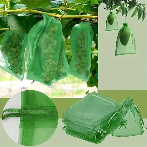 100 sacs de protection de fruits, sacs en filet verts avec cordon de serrage, sacs en filet pour fruits de jardin, protecteurs, 1520 cm. (1/5)