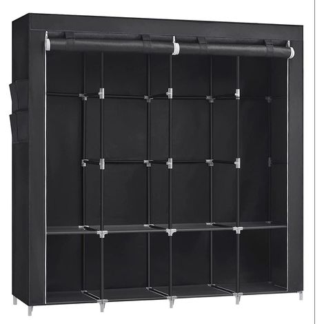 Armario de tela para dormitorio perchero 45 x 170 x 167 cm 4 compartimentos para colgar estantes de 2 niveles 4 bolsillos gran capacidad dormitorio/salón negro 120003969
