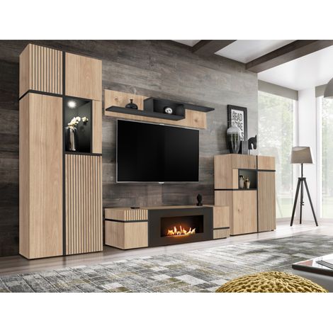 Ensemble meuble TV mural Cross avec cheminée bioéthanol et LED - Bois MDF noir et chêne Hickory Jackson - 330 x 195 x 50 cm - Livraison gratuite
