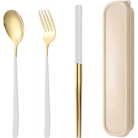 Set di posate in acciaio inox con scatola portaoggetti, pratico da viaggio, composto da forchetta, cucchiaio e bacchette riutilizzabili, ideale per ufficio, scuola, viaggi, campeggio, picnic e per l'u