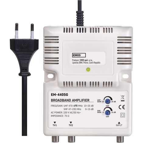 EMOS Breitband-Verstärker 25 dB (Frequenzbereich 47–230, 470–698 MHz) für DVB-T2, Kabelfernsehen, Antennen, 1 Eingang, 2 Ausgänge, J0400