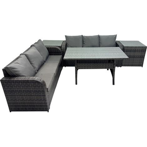 Fimous 6 Seat Outdoor Wicker PE Rattan Garden Furniture Set Dining Table Sofa Set with 2 Side Tables Dark Grey Mixed (1/5)