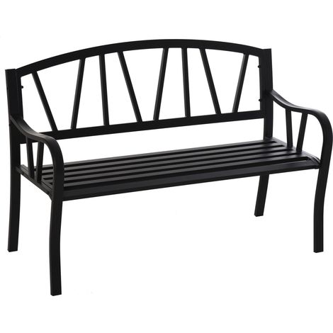 easycomfort panchina da giardino in metallo nero impermeabile, panca da esterno in ferro 2 posti, 128x56x86cm (1/2)