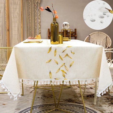 Nappe rectangulaire 140 x 180 cm en coton et lin, motif feuilles jaunes, facile à nettoyer, élégante et imperméable. (1/5)