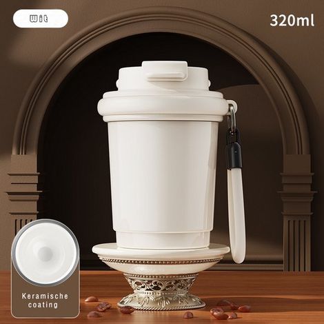 Mini tazza da caffè 320 ml - Rivestimento interno in ceramica - Strato isolante in acciaio inox - Design portatile - Unisex - A prova di perdite - Design elegante - Bianca