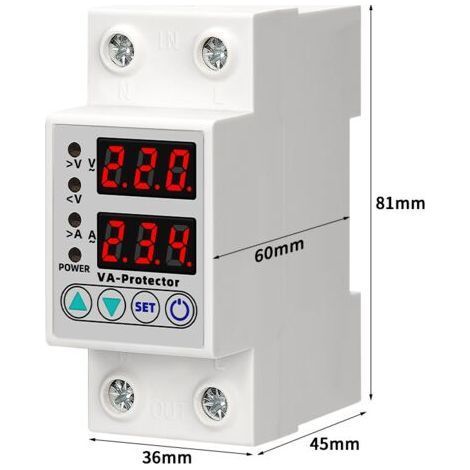 Disjoncteur différentiel 63 A – Plage de surtension : 230 V à 300 V – Plage de sous-tension : 80 V à 210 V – Temporisation : 1 à 600 s – Double affichage LED (1/4)