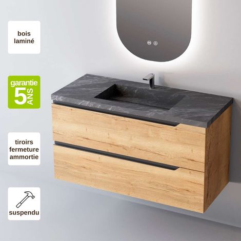 Meuble de salle de bain plan vasque Grès Cérame Noir Allure, 2 Tiroirs,l100xh54xp45, Chêne Clair, DUO (1/3)