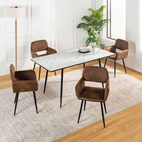URBAN MEUBLE Ensemble table extensible effet marbre blanche 120-160cm et 4 chaises rétro suède marron (1/5)