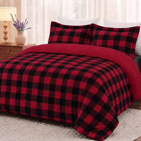 Parure de lit 3 pièces légère pour Grand lit à Carreaux avec 2 taies d'oreiller, Couette réversible, Alternative au Duvet, Tartan Rouge/Noir (1/5)