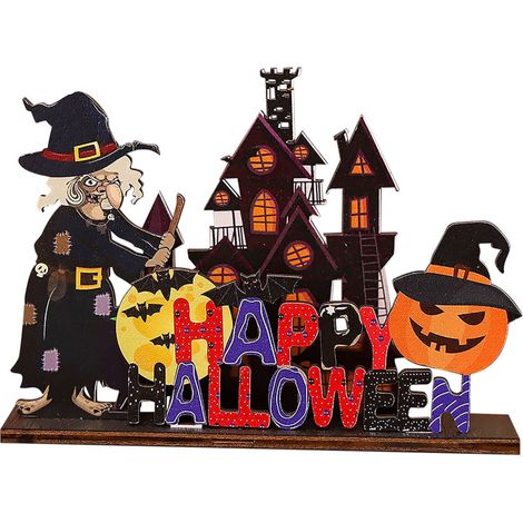 Décoration Halloween En Bois - Figurine Miniature Fantôme Maison Hantée Sorcière Citrouille - Pour Scène Décorative Intérieure Extérieure - Lot De 4 Pièces (1/5)