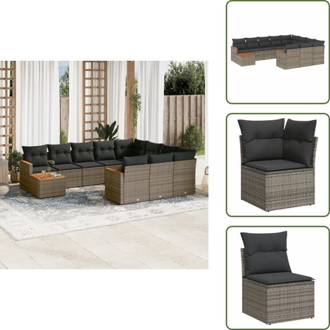The Living Store 11-tlg. Garten-Sofagarnitur mit Kissen Grau Poly Rattan - Gartenmöbel Set - Outdoor Lounge - Rattan Gartenmöbel - Esstisch Set - Balkonmöbel (1/5)