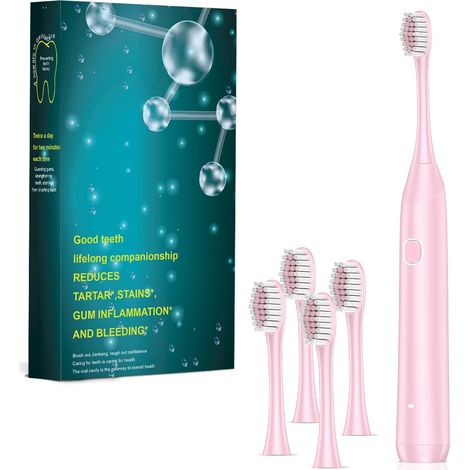 Brosse à dents électrique sonique pour adultes, rechargeable (rose, avec 4 têtes de rechange). (1/5)