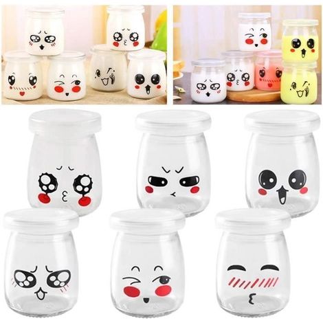 Pots de yaourt en verre 6pcs 200ml bocal en verre avec couvercles pots pour yaourt crème dessert avec décor émoticône bocaux de yog (1/4)