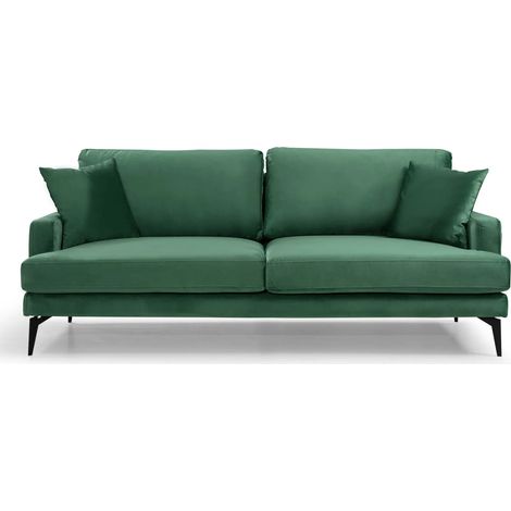 Canapé 3 places design tissu velouté vert et pieds métal noir Kombaz 205cm (1/5)