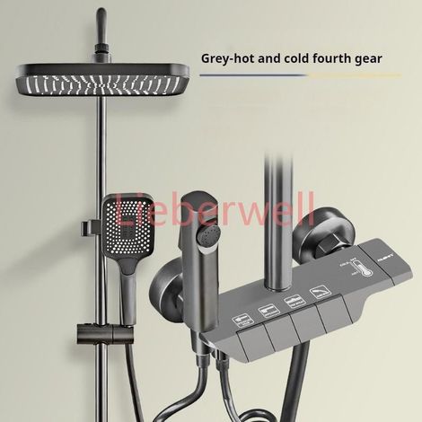 4-Way Brass LIEBERWELL Grey Thermostatic Shower System with LED Digital Display, Rain Shower Faucet and Bidet Set, Adjustable Height (1/5)