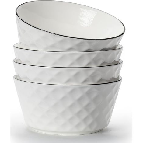 Lot de 4 bols à céréales, bols à dessert en céramique, bol pour le petit-déjeuner, bol blanc en céramique, bols de service de 600 ml Idéal pour la crème glacée, la soupe, les pâtes, la salade (1/5)