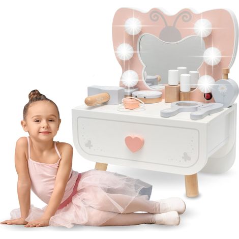 Mini Coiffeuse en Bois pour Enfants 3+ éclairage LED, Papillon avec Miroir LED et Accessoires, Jeu de rôle Amusant créatif, Couleurs Pastel, tiroir spacieux, 6 Ampoules pour Une atmosphère (1/5)