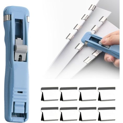 Dispensador portátil de clips de papel con 8 clips metálicos reutilizables y diseño con botón pulsador (azul). (1/5)