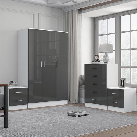 Reflect 3 Door Plain Wardrobe, 5 Drawer Chest, 2x 2 Drawer Bedsides - Grey Gloss & Matt White - Modern Bedroom Furniture Set