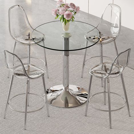 Ensemble bar avec table ronde en verre 89 cm et 4 tabourets transparents OKWISH (1/5)