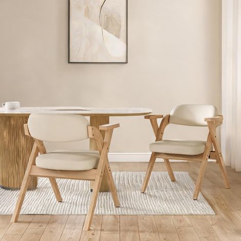 Lot de 2 chaises de table pliantes en bois massif et lin beige (1/5)