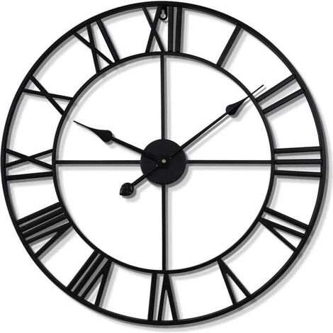 Large round vintage silent battery-operated wall clock with black Roman numerals for living room or bedroom