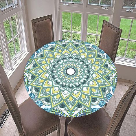 Round Washable Tablecloth, Tablecloth with Elastic Edge, 3D Mandala Design, Stain Resistant, Tablecloth in Various Sizes for Kitchen, Garden, Restaurant Decoration (Diameter 130cm, Blue Mandala B) (1/5)