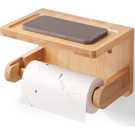 Porte Papier Toilette Bambou Adhesif avec Étagère, Support Papier Toilette sans Percage (1/4)