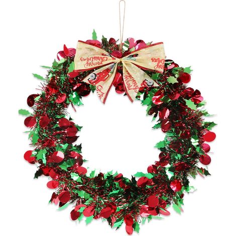 Guirlande De Noël - Anneau En Rotin Avec Bandes De Laine Rouge Et Verte - 45 X 38 Cm - Pour Porte D'Entrée Mur Cheminée Terrasse - 1 Pièce (1/5)