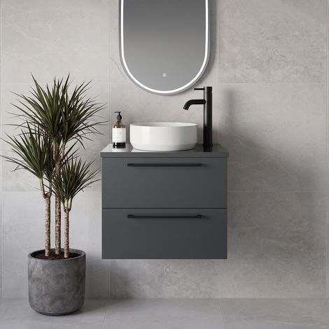 Napoli 390 Gloss Grey 600mm Wall Mounted 2 Drawer Vanity Unit for Countertop Basins - 600mm - Matt Black 320mm Handle