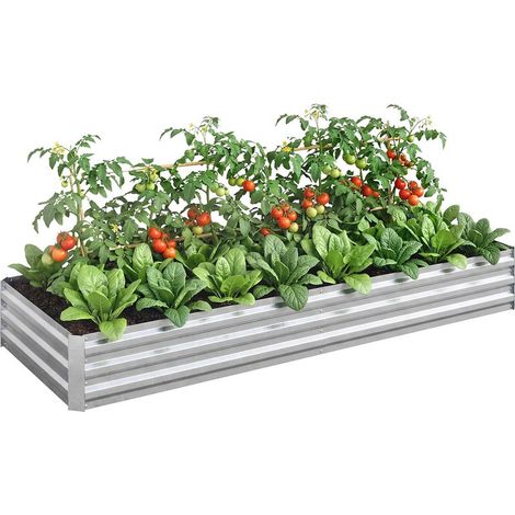 Grand pot de fleurs rectangulaire d'extérieur en acier galvanisé pour terrasse, avec base ouverte, 241 x 90,5 x 30 cm, argent (1/5)