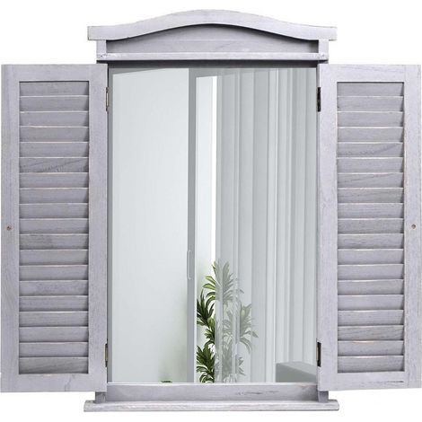 miroir mural salle de bain miroir fenêtre avec volets - 71x46x5cm - shabby gris (1/5)