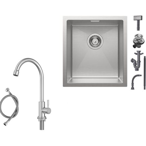 Fregadero de cocina bajo encimera de 40 × 44 cm Fregadero de acero inoxidable cepillado con grifo de cocina de agua fría Grifo de cocina de alta presión cepillado Altura 273 mm (1/5)