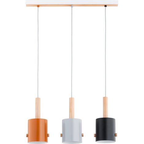 Suspension scandinave multicolore 3 lumières abat-jour cylindriques E27 15 W bois métal 75 cm ASLI Alfa