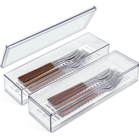 Confezione da 2 vassoi portaposate trasparenti con coperchio, vassoio portaposate in plastica, contenitore per cassetti da cucina, portaposate (1/5)