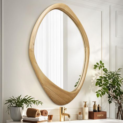Grand miroir mural avec cadre en bois irrégulier, 70 x 50 cm, miroirs décoratifs asymétriques à suspendre pour salle de bain, chambre à coucher, salon, entrée (1/5)