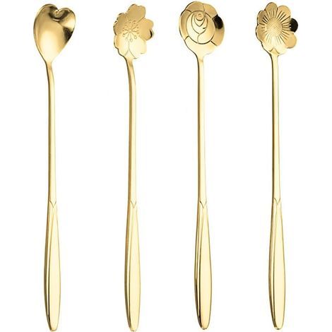 Roestvrij stalen lepelset - 4 creatieve lange lepels met kersenbloesem- en bloemenpatroon, gouden koffielepels (1/5)