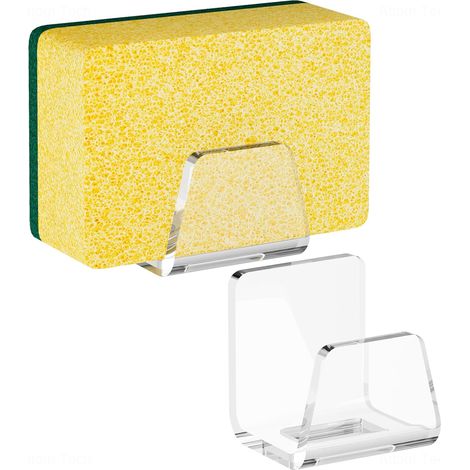 Lot de 2 porte-éponges d'évier de cuisine en acrylique transparent pour éponges, torchons à vaisselle et plus encore – Design moderne et élégant sans perçage avec drainage efficace et rangement (1/5)