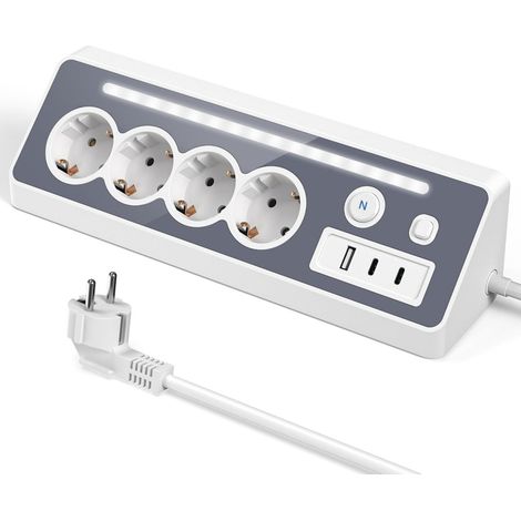 Prise Murale - 4 Prises Européennes 16 A - 2 USB-C + 1 USB-A - Interrupteur Double - Indicateur LED - Angle 45° - Pour Cuisine Bureau Chambre