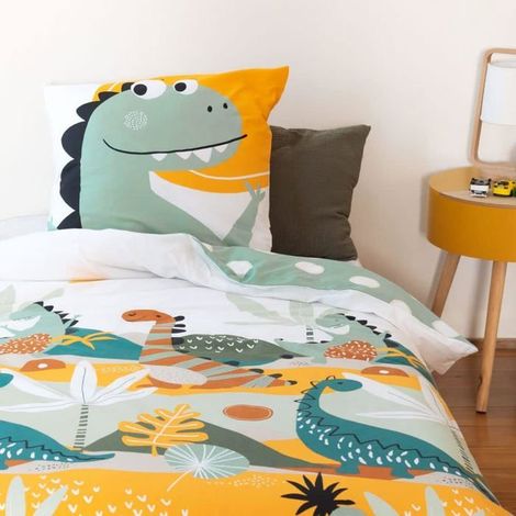 Parure de lit Enfant Réversible Dinosaures Prehisto Vert - CÔTE DECO - 140x200cm + 1 taie d'oreiller 63x63cm